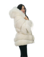 Fox Fur Jacket Horizontal V Knit White 46 Hood Lined Fur Fox Long Sleeve Belt Leather - Image 3