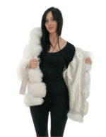 Fox Fur Jacket Horizontal V Knit White 46 Hood Lined Fur Fox Long Sleeve Belt Leather - Image 6