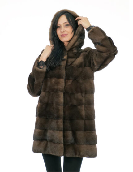 Cappottino 82 centimetri demi buff 42 visone pelliccia manica lunga cappuccio foderato pelli visone coulisse