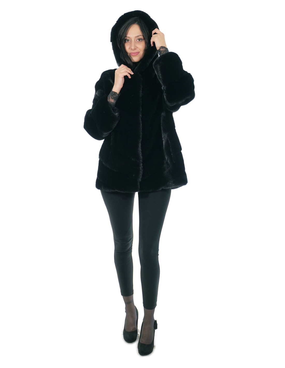 Black horizontal mink jacket V size 44 long sleeve hood lined shiny mink skins - Image 4