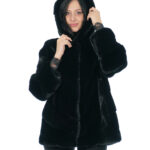 Giaccone visone orizzontale nero a V taglia 44 manica lunga cappuccio foderato pelli visone lucido ganci chiusura