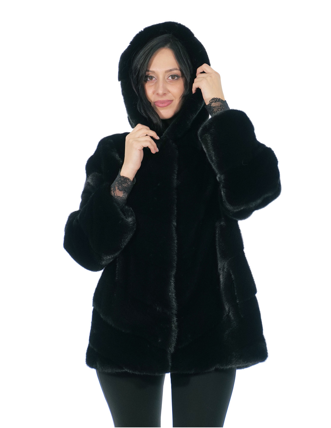 Black horizontal mink jacket V size 44 long sleeve hood lined shiny mink skins - Image 1