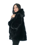 Black horizontal mink jacket V size 44 long sleeve hood lined shiny mink skins - Image 2