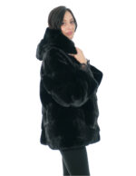 Black horizontal mink jacket V size 44 long sleeve hood lined shiny mink skins - Image 3