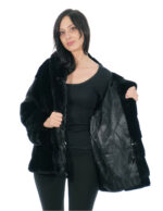 Black horizontal mink jacket V size 44 long sleeve hood lined shiny mink skins - Image 6