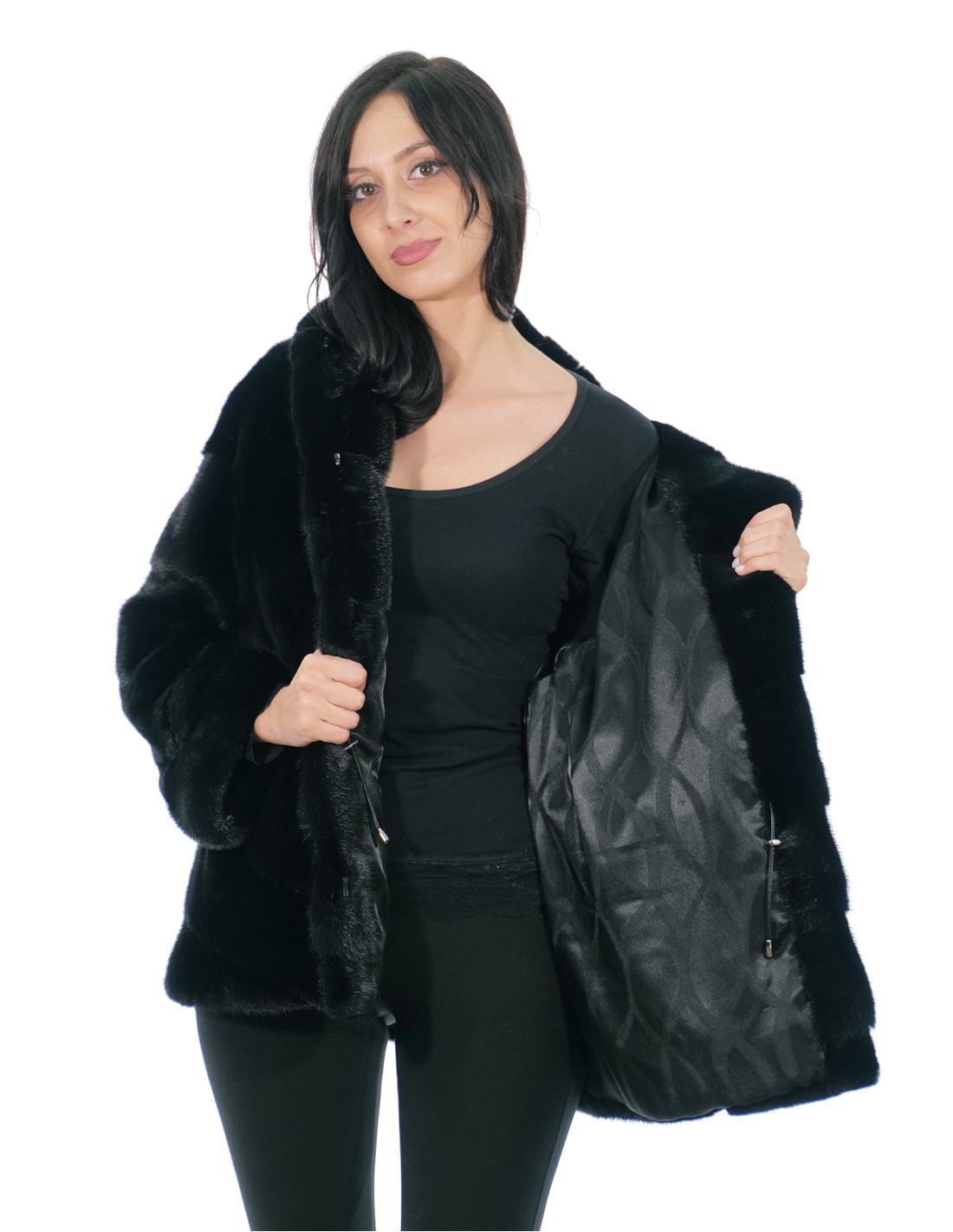 Black horizontal mink jacket V size 44 long sleeve hood lined shiny mink skins - Image 6