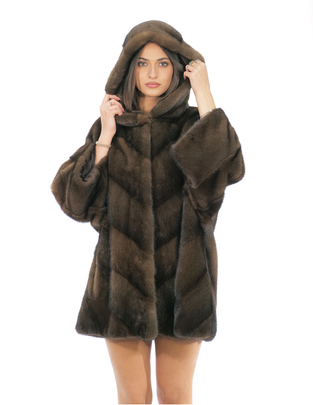 Cape Jacke Gr. 48-56 Demi Kapuze gefüttert Nerzfell Fell V-work 82 cm – Bild 1