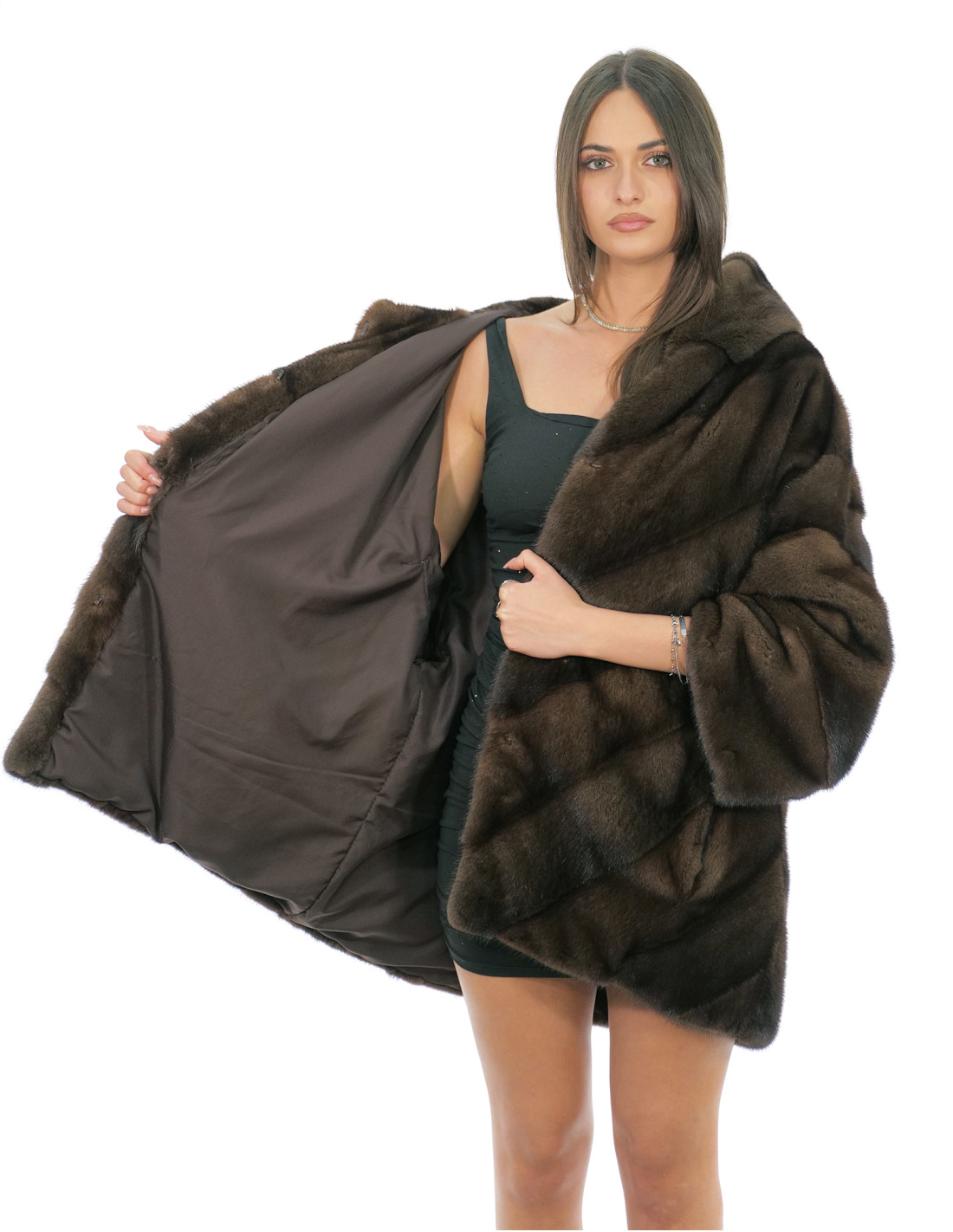 Cape Jacke Gr. 48-56 Demi Kapuze gefüttert Nerzfell Fell V-work 82 cm – Bild 6