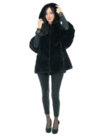 Jacket cape size 48-56 shiny black hood lined mink fur fur V work 82 cm - Image 4