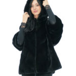 Jacke Cape Gr. 48-56 glänzend schwarz Kapuze gefüttert Nerzfell Fell V work 82 cm