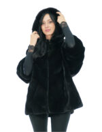 Jacket cape size 48-56 shiny black hood lined mink fur fur V work 82 cm