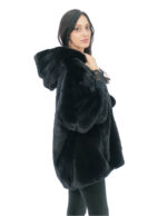 Jacket cape size 48-56 shiny black hood lined mink fur fur V work 82 cm - Image 2