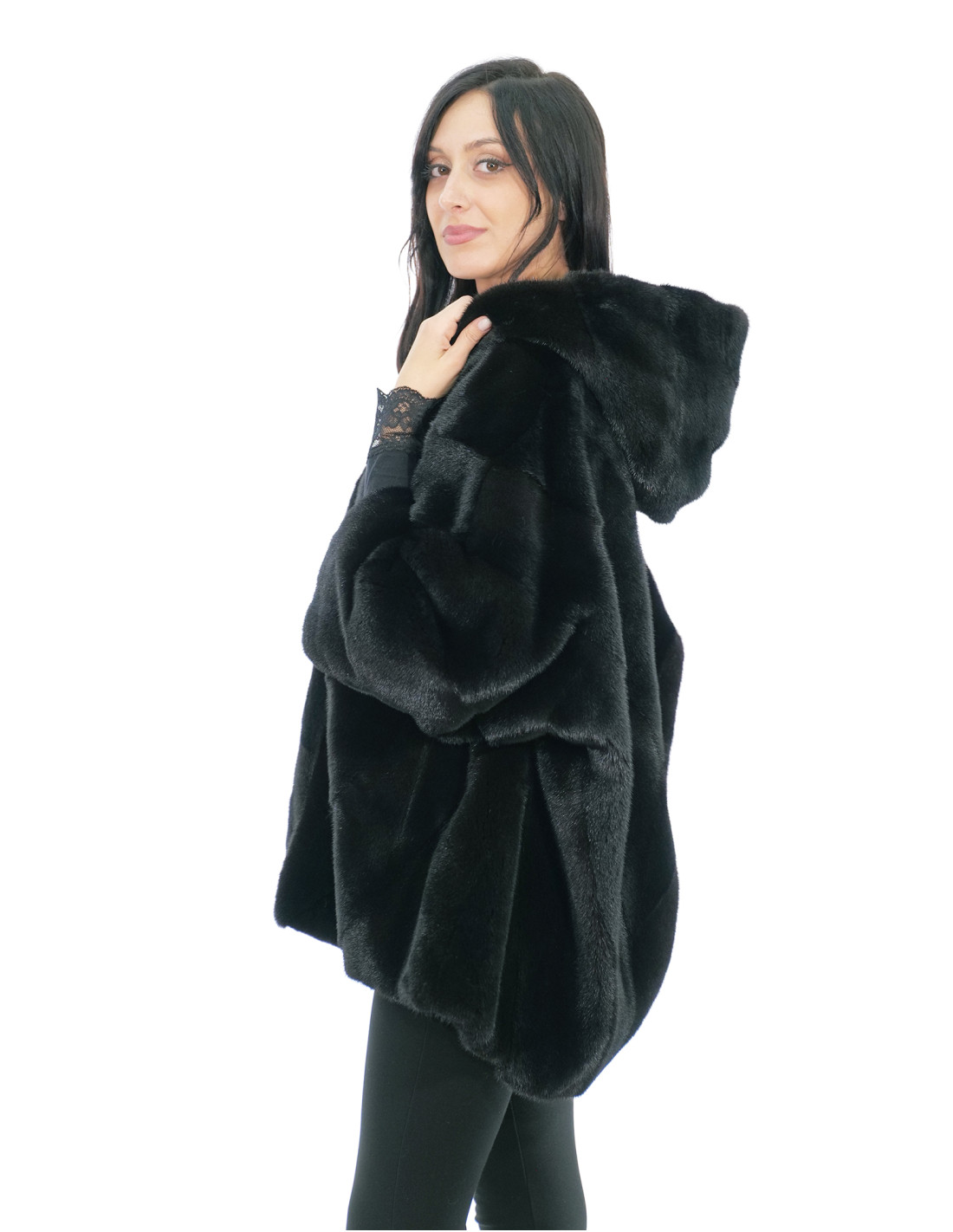 Jacket cape size 48-56 shiny black hood lined mink fur fur V work 82 cm - Image 3