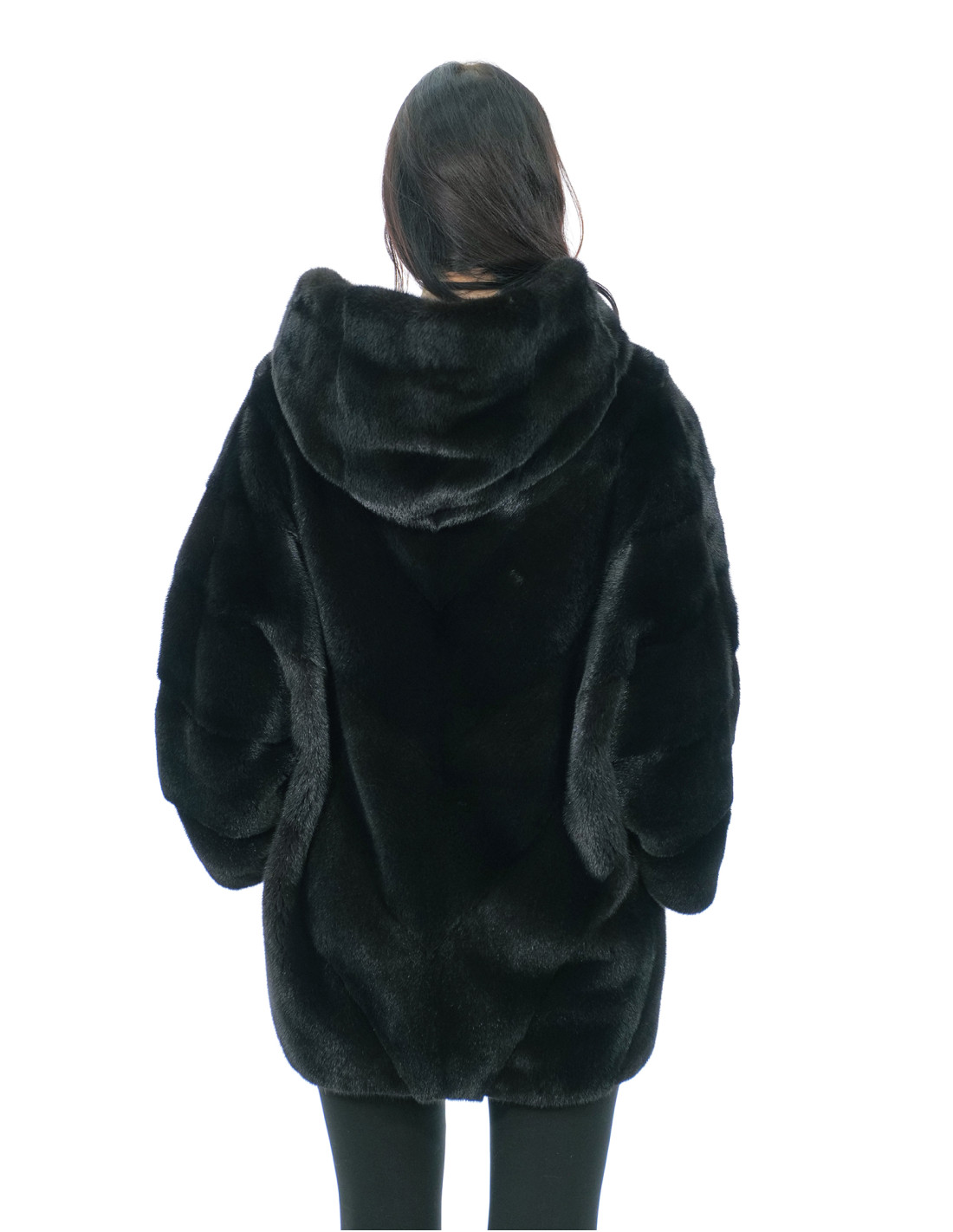 Jacket cape size 48-56 shiny black hood lined mink fur fur V work 82 cm - Image 5