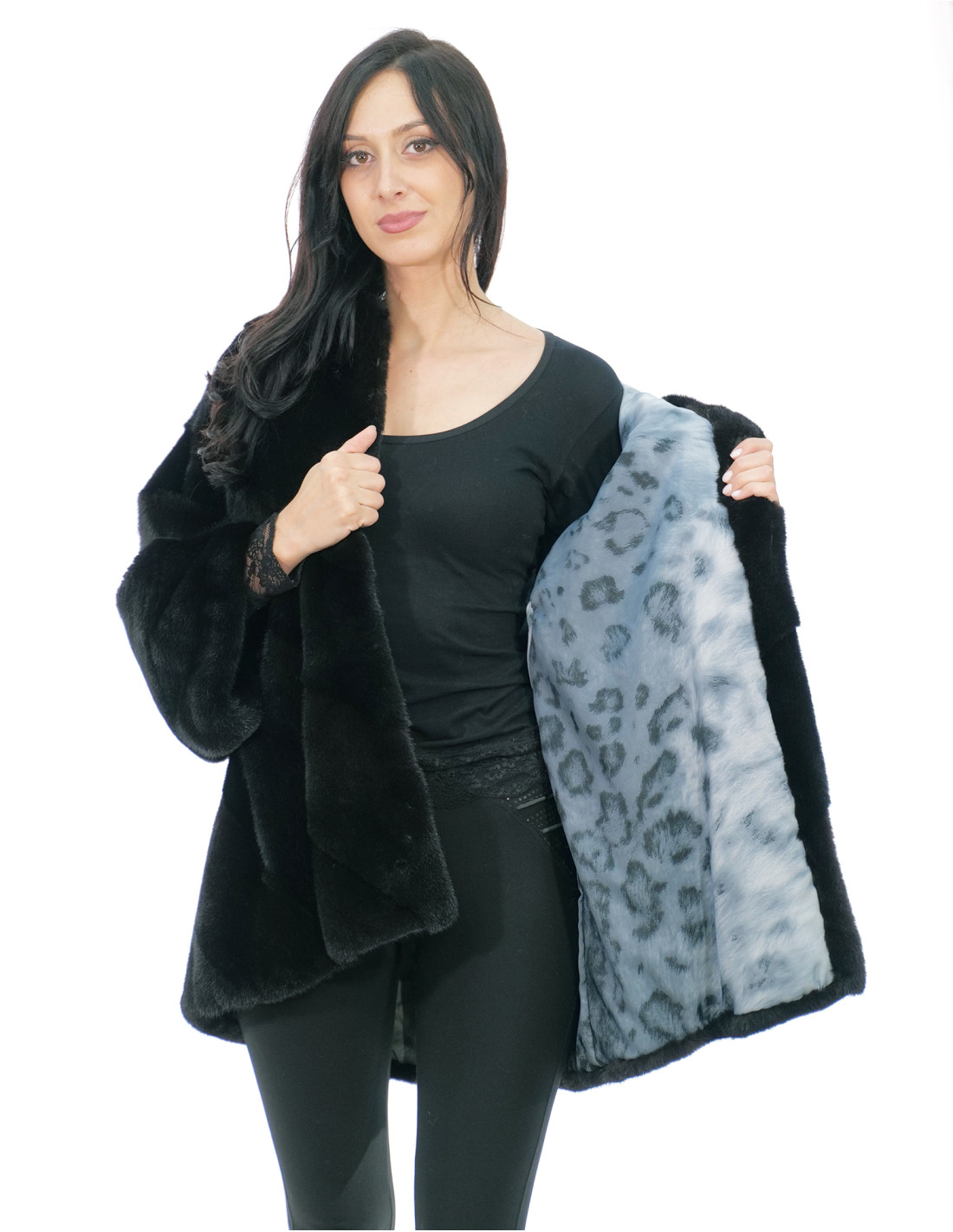 Jacket cape size 48-56 shiny black hood lined mink fur fur V work 82 cm - Image 6