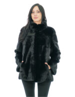 Pistagna Pelzmantel Nerz 70cm 46 glänzend schwarz langärmelige Außentaschen und Innentasche