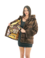 Coat hood lined mink fur 70cm 46 demi buff long sleeve external pockets and internal pocket - Image 6