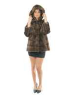 Coat hood lined mink fur 70cm 54 demi buff long sleeve external pockets and internal pocket - Image 4