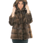 Coat hood lined mink fur 70cm 54 demi buff long sleeve external pockets and internal pocket