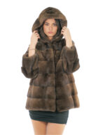 Coat hood lined mink fur 70cm 54 demi buff long sleeve external pockets and internal pocket