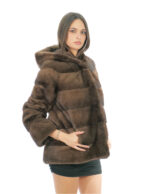 Coat hood lined mink fur 70cm 54 demi buff long sleeve external pockets and internal pocket - Image 2