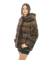Coat hood lined mink fur 70cm 54 demi buff long sleeve external pockets and internal pocket - Image 3