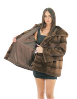 Coat hood lined mink fur 70cm 54 demi buff long sleeve external pockets and internal pocket - Image 6