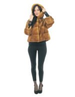 Fur Jacket Mink Full Leather Horizontal Gold 52 Hood Three-Quarter Sleeve Exterior Pockets and Interior Pocket - Image 4