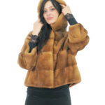 Fur Jacket Mink Full Leather Horizontal Gold 52 Hood Three-Quarter Sleeve Exterior Pockets and Interior Pocket