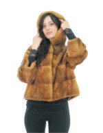 Fur Jacket Mink Full Leather Horizontal Gold 52 Hood Three-Quarter Sleeve Exterior Pockets and Interior Pocket