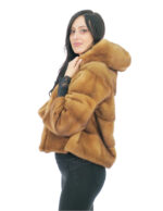 Fur Jacket Mink Full Leather Horizontal Gold 52 Hood Three-Quarter Sleeve Exterior Pockets and Interior Pocket - Image 2