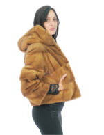 Fur Jacket Mink Full Leather Horizontal Gold 52 Hood Three-Quarter Sleeve Exterior Pockets and Interior Pocket - Image 3