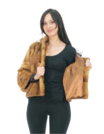 Fur Jacket Mink Full Leather Horizontal Gold 52 Hood Three-Quarter Sleeve Exterior Pockets and Interior Pocket - Image 6