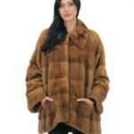 Brown shaded gold mink fur cape jacket 50 side slits long sleeve Italian collar