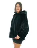 Grüne Nerzjacke 46, volles und horizontales Leder an der Unterseite und an den Ärmelbündchen, Kapuze mit Nerzfellen gefüttert – Bild 3