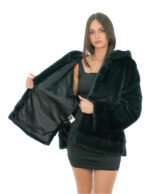 Grüne Nerzjacke 46, volles und horizontales Leder an der Unterseite und an den Ärmelbündchen, Kapuze mit Nerzfellen gefüttert – Bild 6