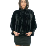 Mink jacket shiny black fur 50 horizontal V knit three-quarter sleeve side slits wide model