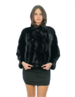 Норковая куртка блестящий черный мех 50 горизонтальный V-образный трикотаж рукав три четверти боковые разрезы