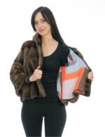 Giacca pelliccia visone manica campana 46 demi buff corta 56 centimetri cappuccio manica tre quarti