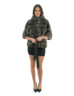 Mink fur jacket blue iris 46 grey with half sleeve belt inner leather waist pistagna collar with button - Image 4