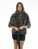 Mink fur jacket blue iris 46 grey with half sleeve belt inner leather waist pistagna collar with button