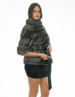 Mink fur jacket blue iris 46 grey with half sleeve belt inner leather waist pistagna collar with button - Image 2