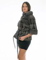 Mink fur jacket blue iris 46 grey with half sleeve belt inner leather waist pistagna collar with button - Image 3