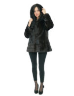 Visone verticale intero e orizzontale mogano 50 pelliccia spacchetti laterali cappuccio maniche lunghe chiusura ganci