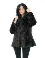 Visone verticale intero e orizzontale mogano 50 pelliccia spacchetti laterali cappuccio maniche lunghe chiusura ganci