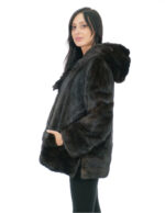 Visone verticale intero e orizzontale mogano 50 pelliccia spacchetti laterali cappuccio maniche lunghe chiusura ganci