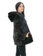 Visone verticale intero e orizzontale mogano 50 pelliccia spacchetti laterali cappuccio maniche lunghe chiusura ganci