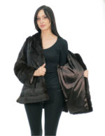 Visone verticale intero e orizzontale mogano 50 pelliccia spacchetti laterali cappuccio maniche lunghe chiusura ganci