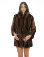 Brown fur gradient with black stripes 44 mink brown demi full leather long sleeve Italian collar with button