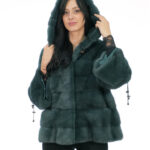Bistro green mink fur size 46 three-quarter sleeve with drawstring hood
